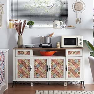 OKD Boho Sideboard Buffet Cabinet, 58" Kitchen Storage Cabinet with 2 Drawers, Dining Room, Hallway, Cupboard Console Table, Antique White