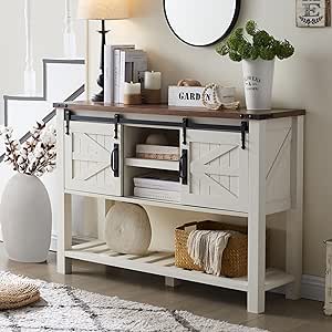 OKD Entryway Table with Sliding Barn Doors, 46" Farmhouse Console Table with Storage Shelf, Rustic Sofa Table Behind Couch for Hallway, Entry Way, Living Room, Foyer, Antique White