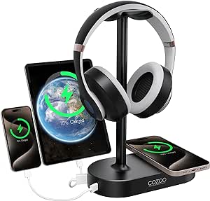 COZOO Headphone Stand with Fast Wireless Charging Pad and 2 USB Charging Ports, Suitable for Gaming, DJ, Wireless Earphone Accessories