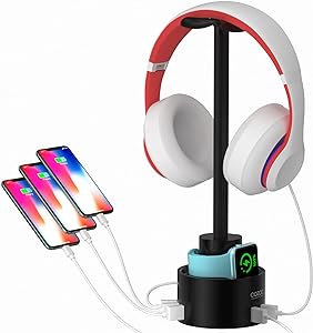 Headphone Stand with 3 USB Charger COZOO Desktop Gaming Headset Holder Hanger with 3 USB Charging Station,Watch Stand and Watch Wireless Charging,DJ,Earphone Display Accessories,Gamers Gifts for Him