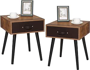 Iwell Nightstand Set of 2, Bedside Table with Drawer, Mid-Century Nightstand, End Table Side Table for Bedroom, Rustic Brown