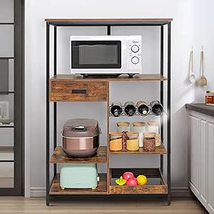 Iwell Kitchen Baker's Rack, Microwave Stand, Coffee Bar Cabinet with Wine Rack & Drawer, Utility Storage Shelf, Spice Rack Organizer Workstation for Dining Room, Living Room, Vintage Brown