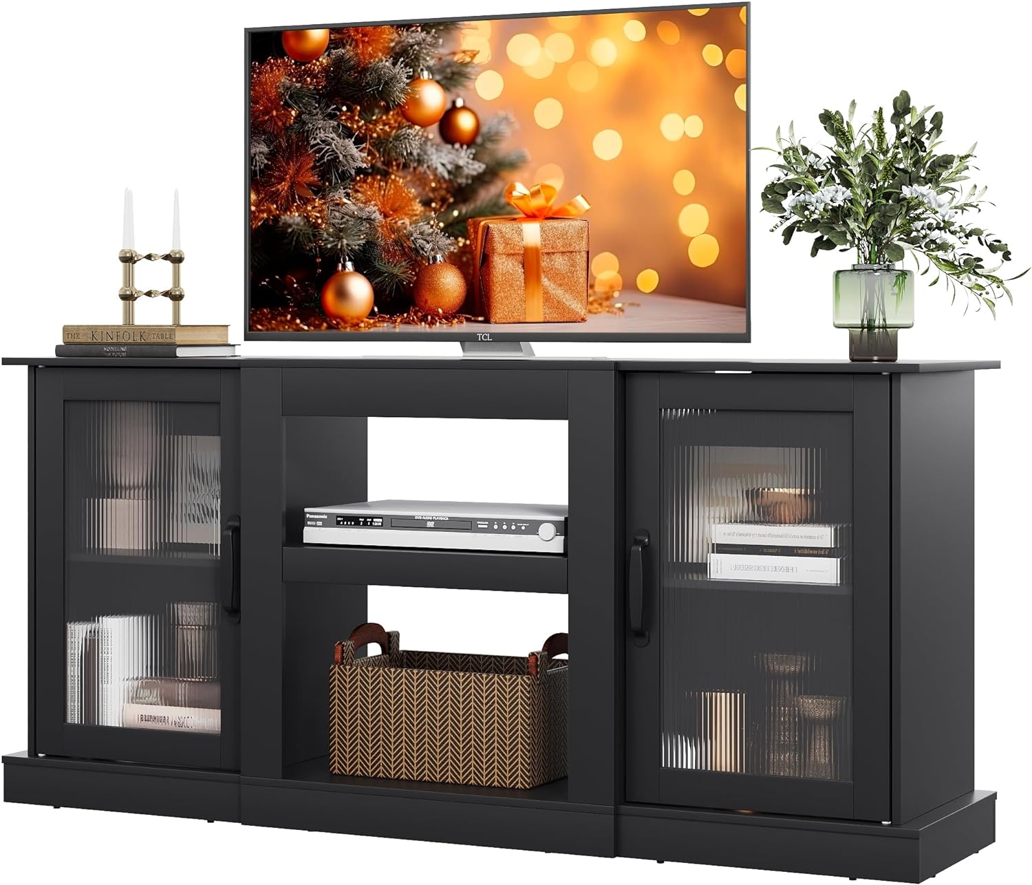 WLIVE Retro TV Stand for 65 inch TV, TV Console Cabinet with Storage, Open Shelves Entertainment Center for Living Room and Bedroom, Black