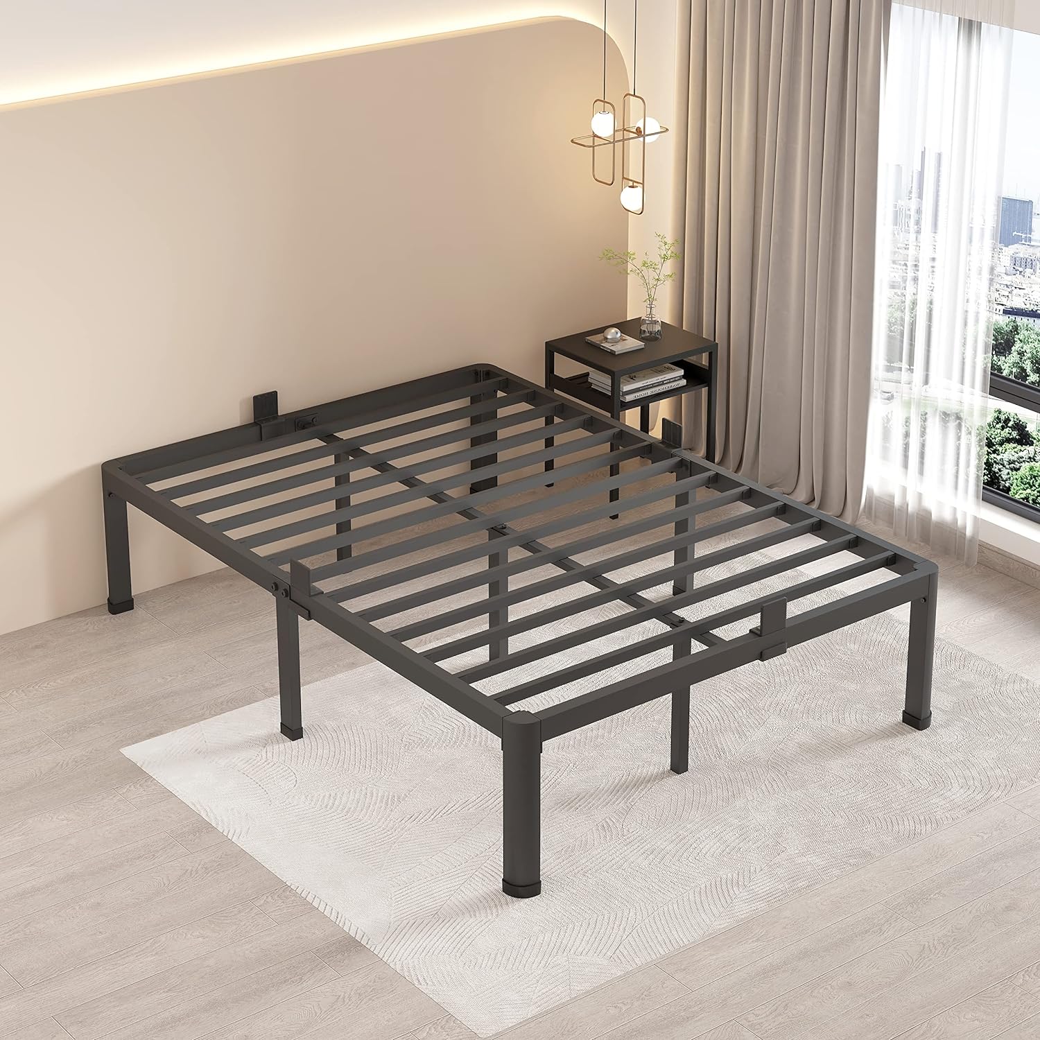 MAF 16 Inch Queen Bed Frames with Round Corner Legs Mattress Slide Stopper No Box Spring Needed Heavy Duty Metal Platform Bed Frame Under-Bed Storage Space, 3000 LBS Steel Slats Support