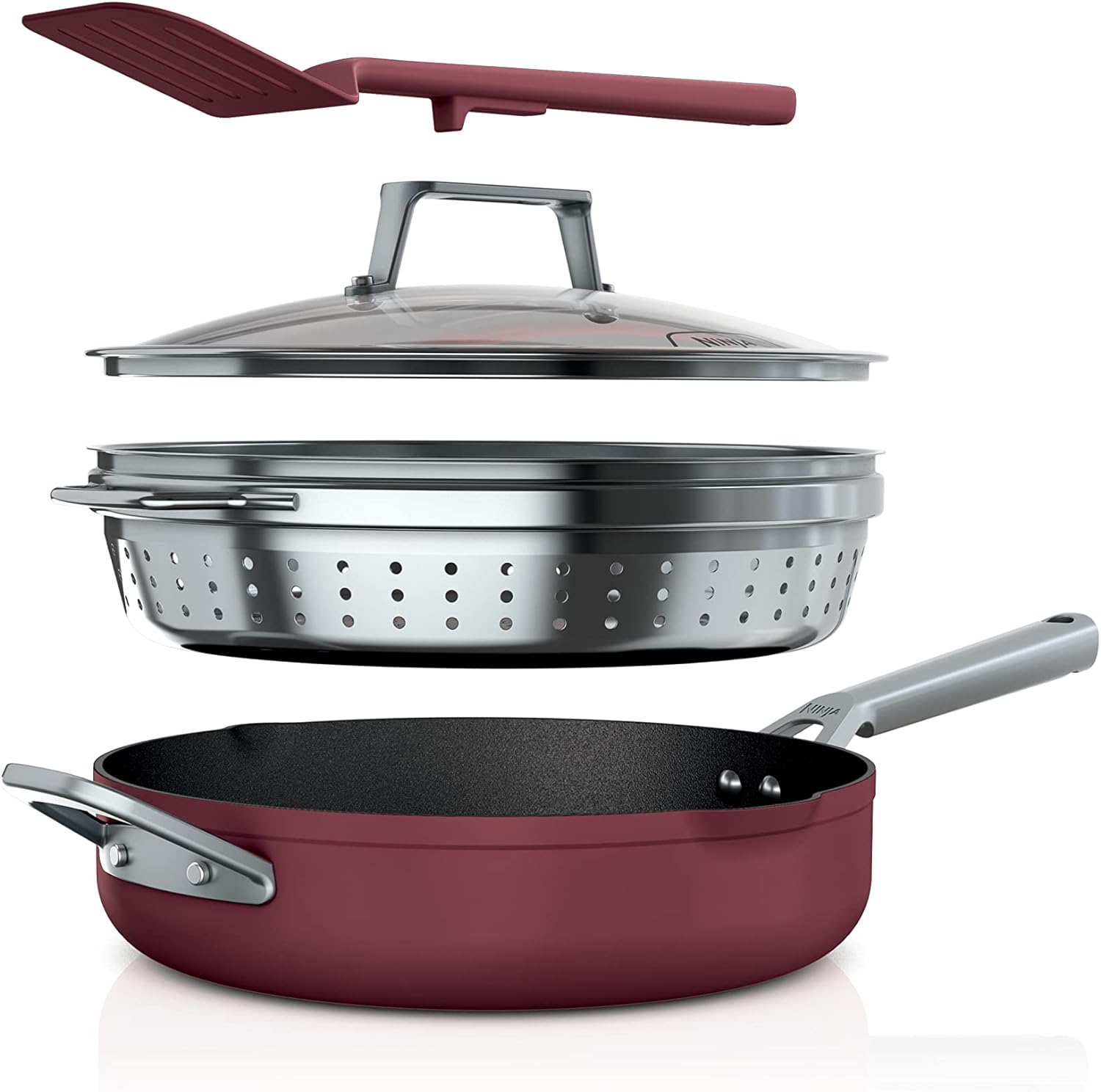 Ninja CW102RD Foodi NeverStick PossiblePan, Premium Set with 4-Quart Capacity Pan, Steamer/Strainer Basket, Glass Lid & Integrated Spatula, Nonstick, Durable & Oven Safe to 500F, Cherry Tart