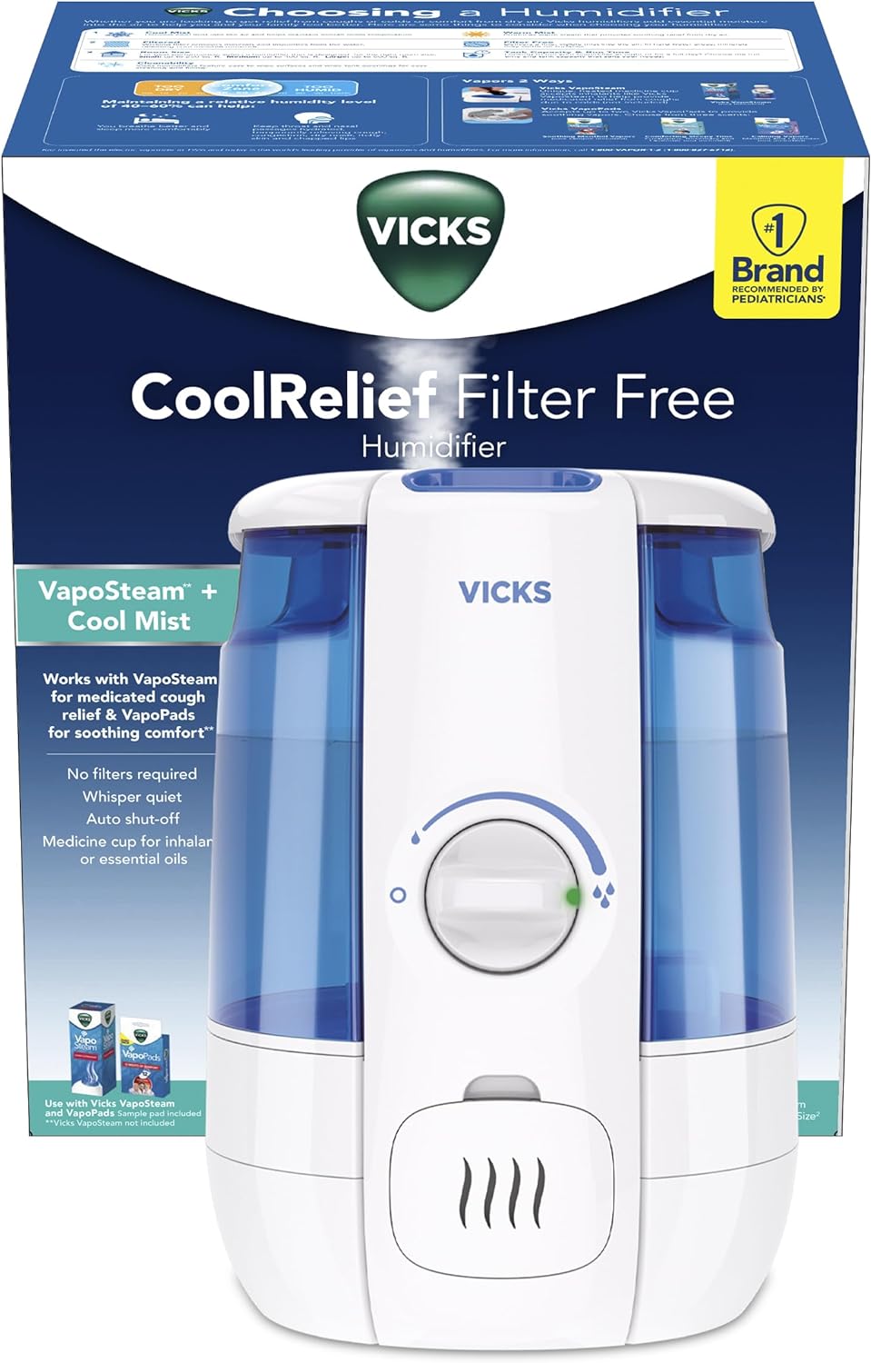 Vicks Filter-Free CoolRelief Cool Mist Ultrasonic Humidifier, Medium Room, 1.2 Gallon Tank  Visible, Medicated for Baby, Kids and Adults, Works With Vicks VapoPads and VapoSteam