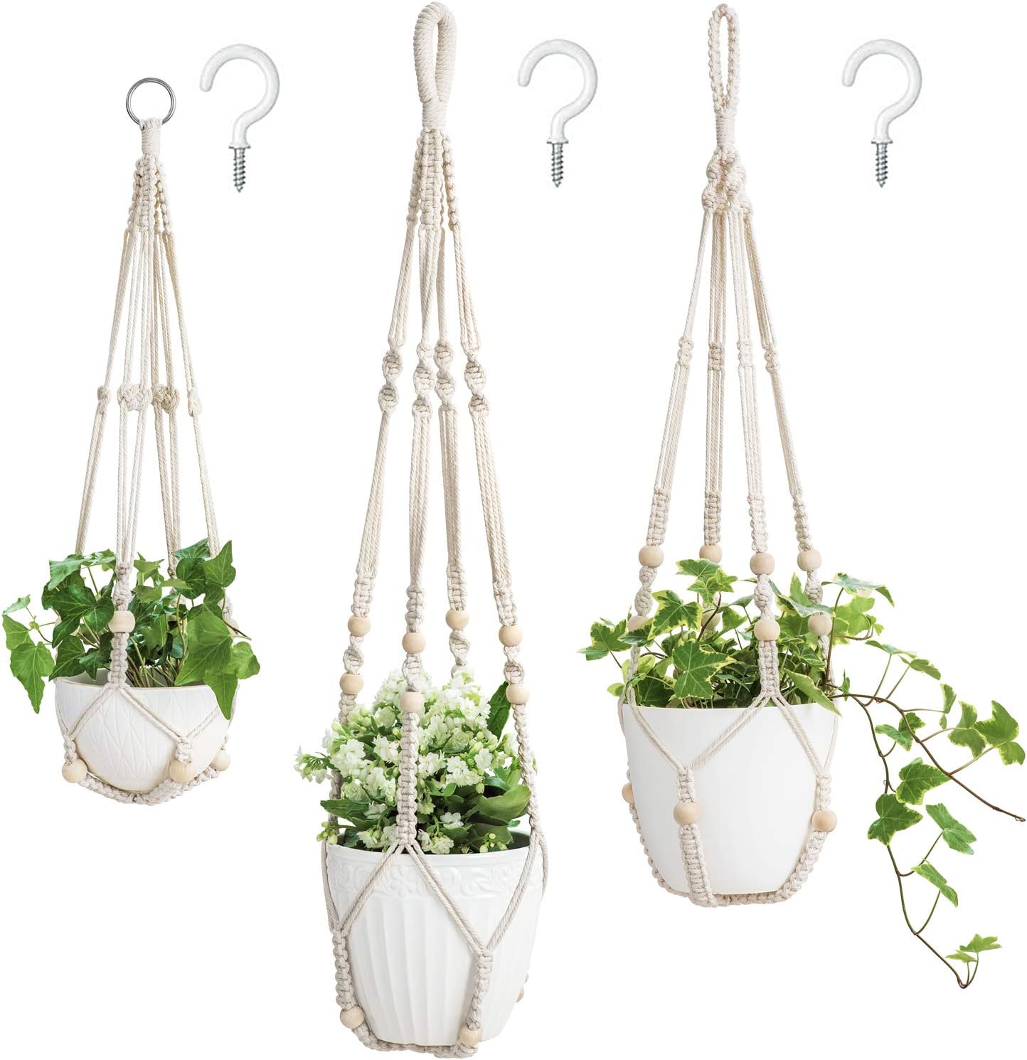 Mkono 3 Pack Macrame Plant Hangers Indoor Different Size Hanging Planter Basket Flower Pot Holder with Beads No Tassels 35/29/23, Medium, Ivory