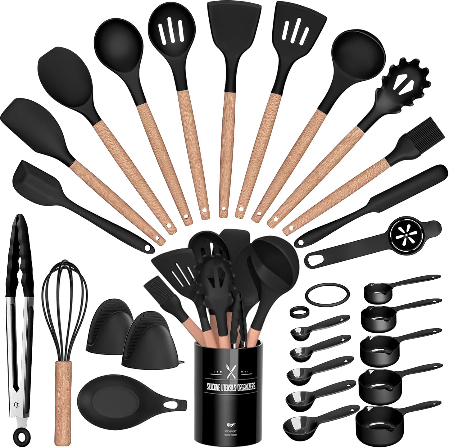 28 Pcs Silicone Cooking Utensils Kitchen Utensil Set - 446°F Heat Resistant, Turner Tongs, Spatula, Spoon, Brush, Whisk, Wooden Handle, Kitchen Gadgets with Holder for Nonstick Cookware (Black)