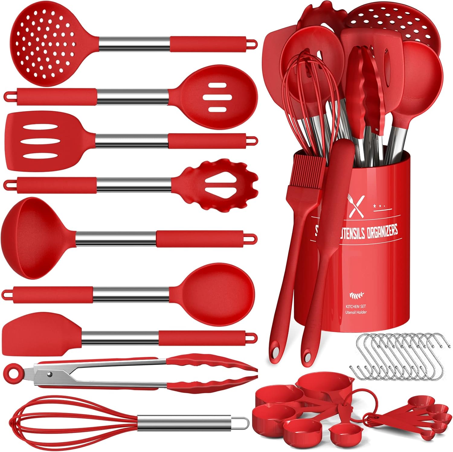 33PC Silicone Cooking Utensils Set -Kitchen Cooking Utensils Set, Non-Stick Kitchen Utensils with Spatula,Kitchen Tools Gadgets with Stainless Steel Handle (Red)