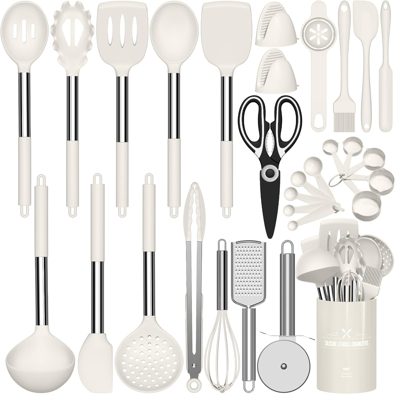 Kitchen Utensils Set- 30 PCS Cooking Utensils with Turner, Spatula, Spoon, Tongs, Grater, Heat Resistant Food Grade Silicone Kitchen Gadgets Tools Set for Nonstick Cookware (White)