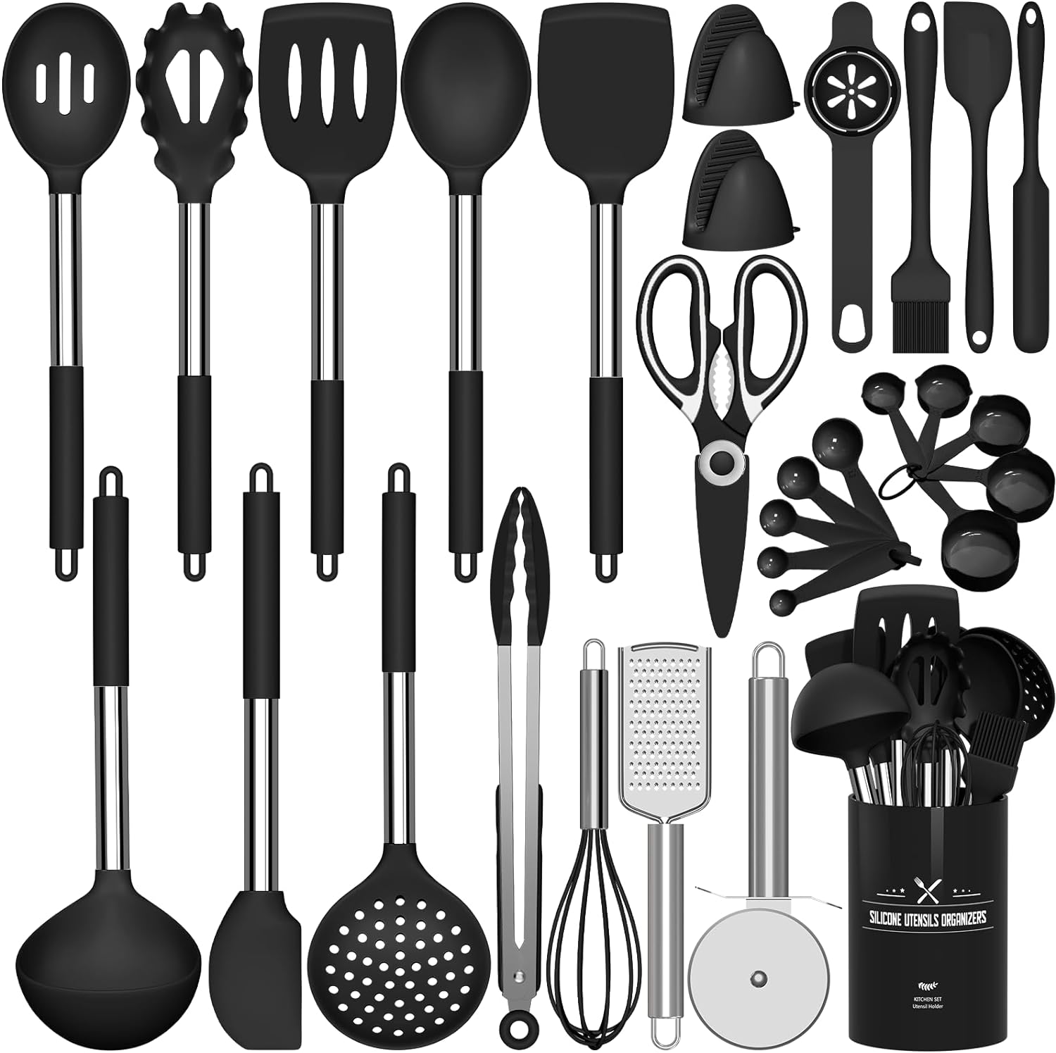 Silicone Cooking Utensils Set - 446°F Heat Resistant Kitchen Utensils, 30PCS Non-Stick Kitchen Utensils Spatula Set with Holder, Stainless Steel Handle Kitchen Gadgets Utensil Set (Black)