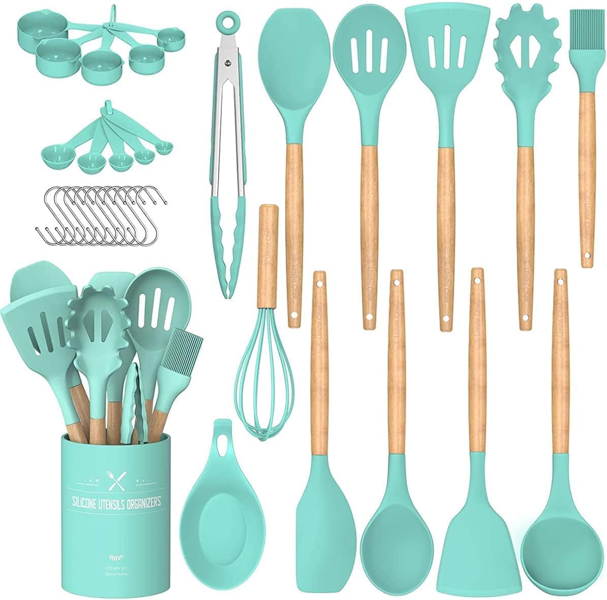 Umite+Chef+Kitchen+Cooking+Utensils+Set%2c+33+pcs+Non-stick+Silicone+Cooking+Kitchen+Utensils+Spatula+Set+with+Holder%2c+Wooden+Handle+Heat+Resistant+(Green)+%ef%bf%bd%ef%bf%bd