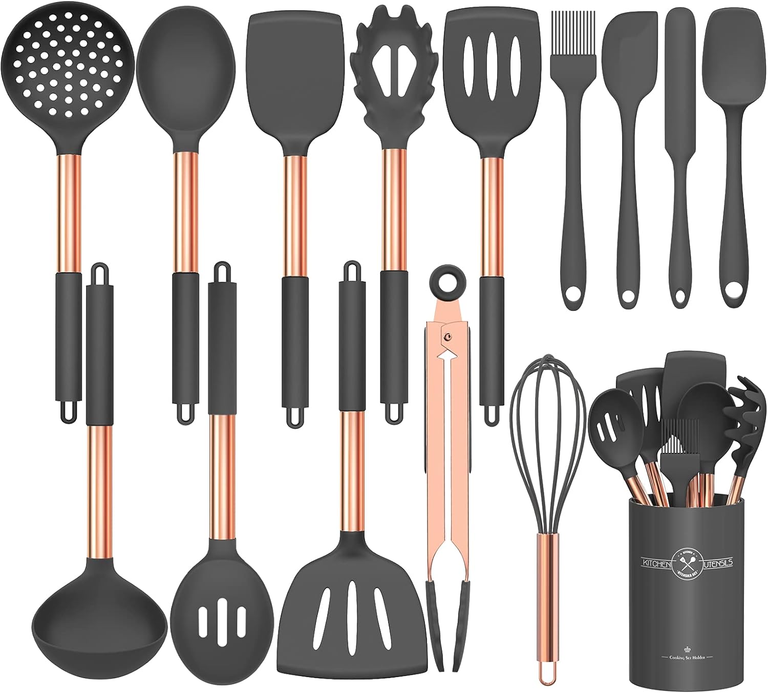 Silicone Cooking Utensil Set, Umite Chef Kitchen Utensils 15pcs Cooking Utensils Set Non-stick Silicone Rose Gold Handle Cooking Tools Whisk Kitchen Tools Set -Grey