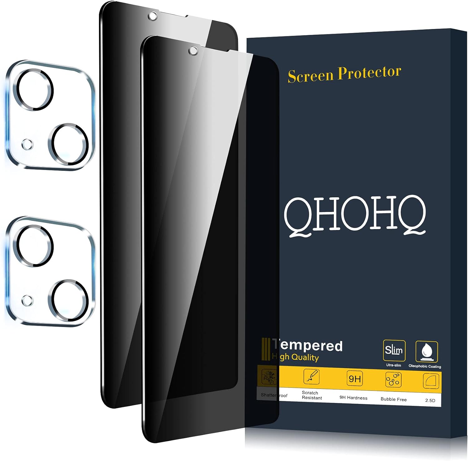 QHOHQ 2 Pack Privacy Screen Protector for iPhone 13 6.1 with 2 Packs Camera Lens Protector, Full Screen Tempered Glass Film,9H Hardness Scratch Resistant, Anti Spy, Easy Install - Case Friendly