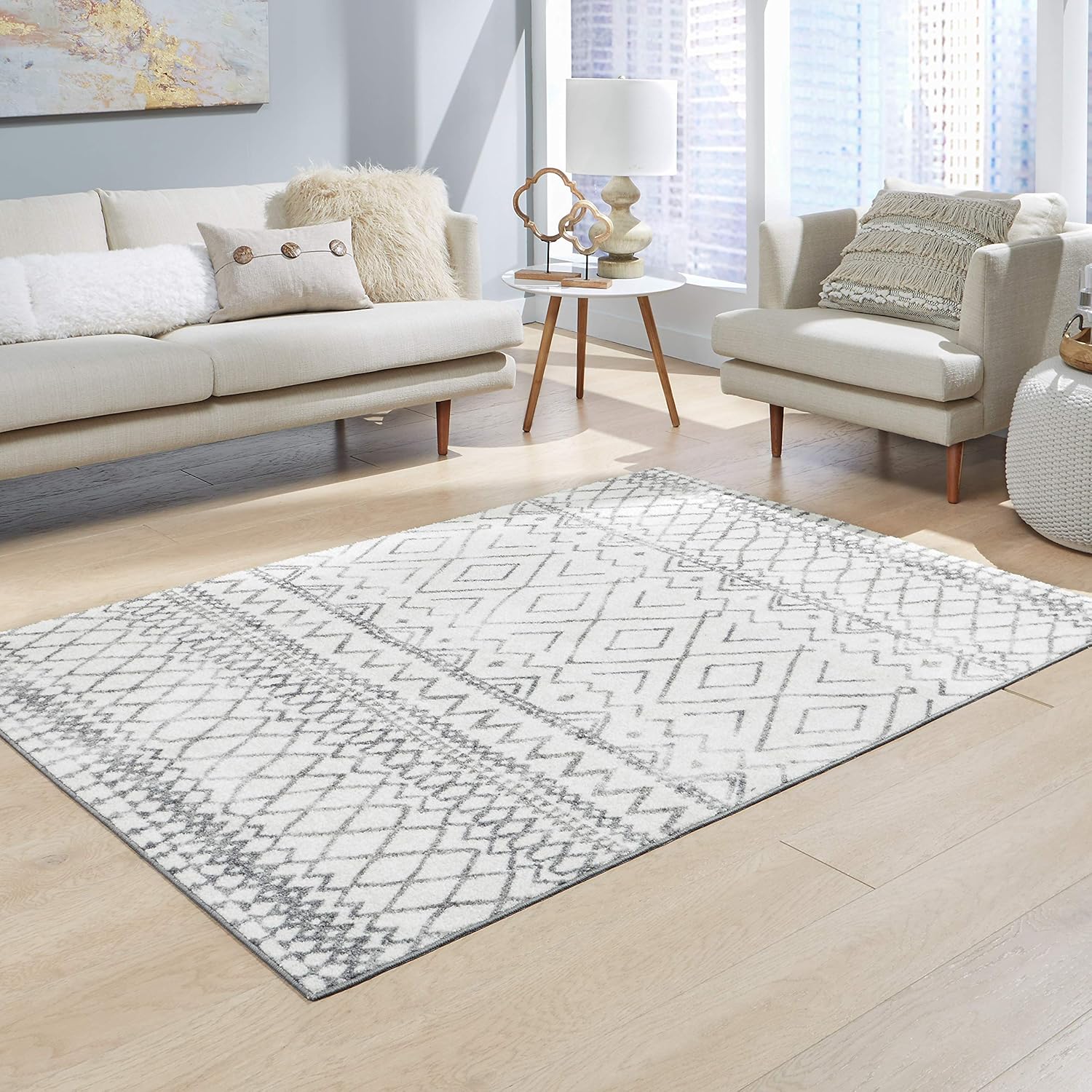 Maples Rugs Abstract Diamond Modern Distressed Area Rugs Carpet for Living Room & Bedroom [Made in USA], 5 x 7, Neutral