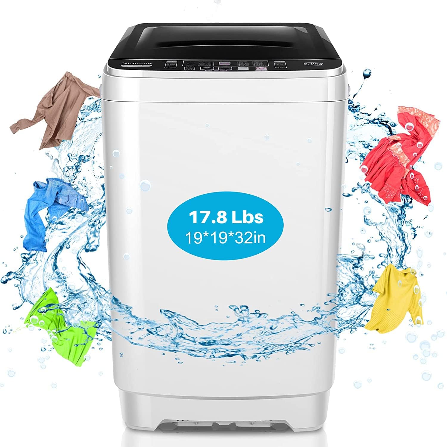 Nictemaw Portable Washing Machine 17.8Lbs Capacity Portable Washer with Drain Pump 2.3Cu.ft Full-Automatic Compact Washer with 10 Programs 8 Water Level for Home, Apartment, RV, Dorms