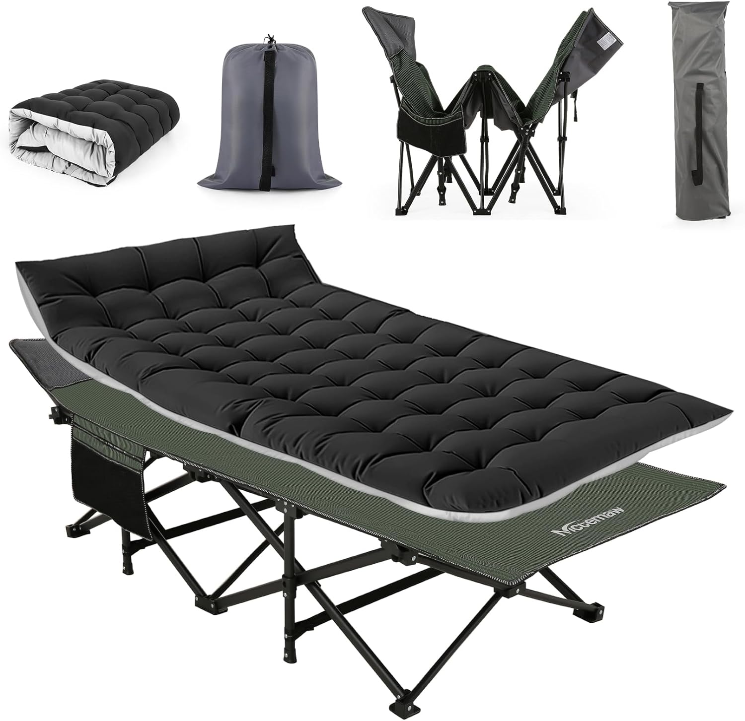 Nictemaw Camping Bed for Adults with Mattress, 900lbs Double Layer Oxford Camping Cots, Lightweight, Stable, Durable Portable Bed with Carrying Bag, Black & Green Stripes