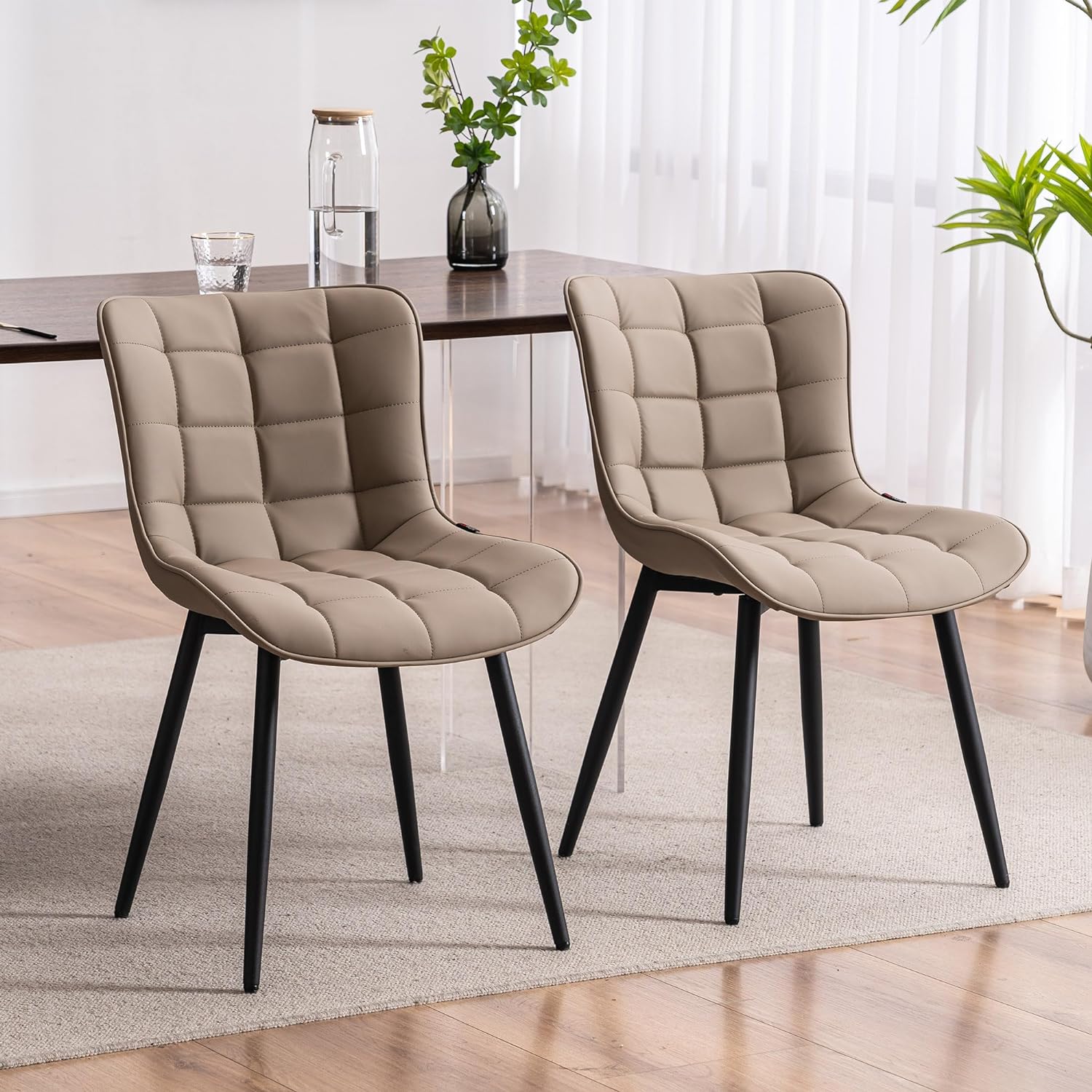 YOUTASTE Khaki Dining Chairs Set of 2 PU Leather Upholstered Modern Armless Dining Room Chair with Back Metal Legs Kitchen Dinner Accent Guest Chairs for Vanity Reception Waiting Room