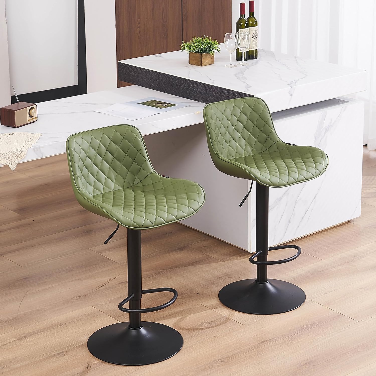 YOUTASTE Olive Green Bar Stools Set of 2 Adjustable Counter Height Barstools Faux Leather Bar Stool with Back,Swivel Modern Metal Diamond Bar Chairs Home Kitchen Island Restuarant