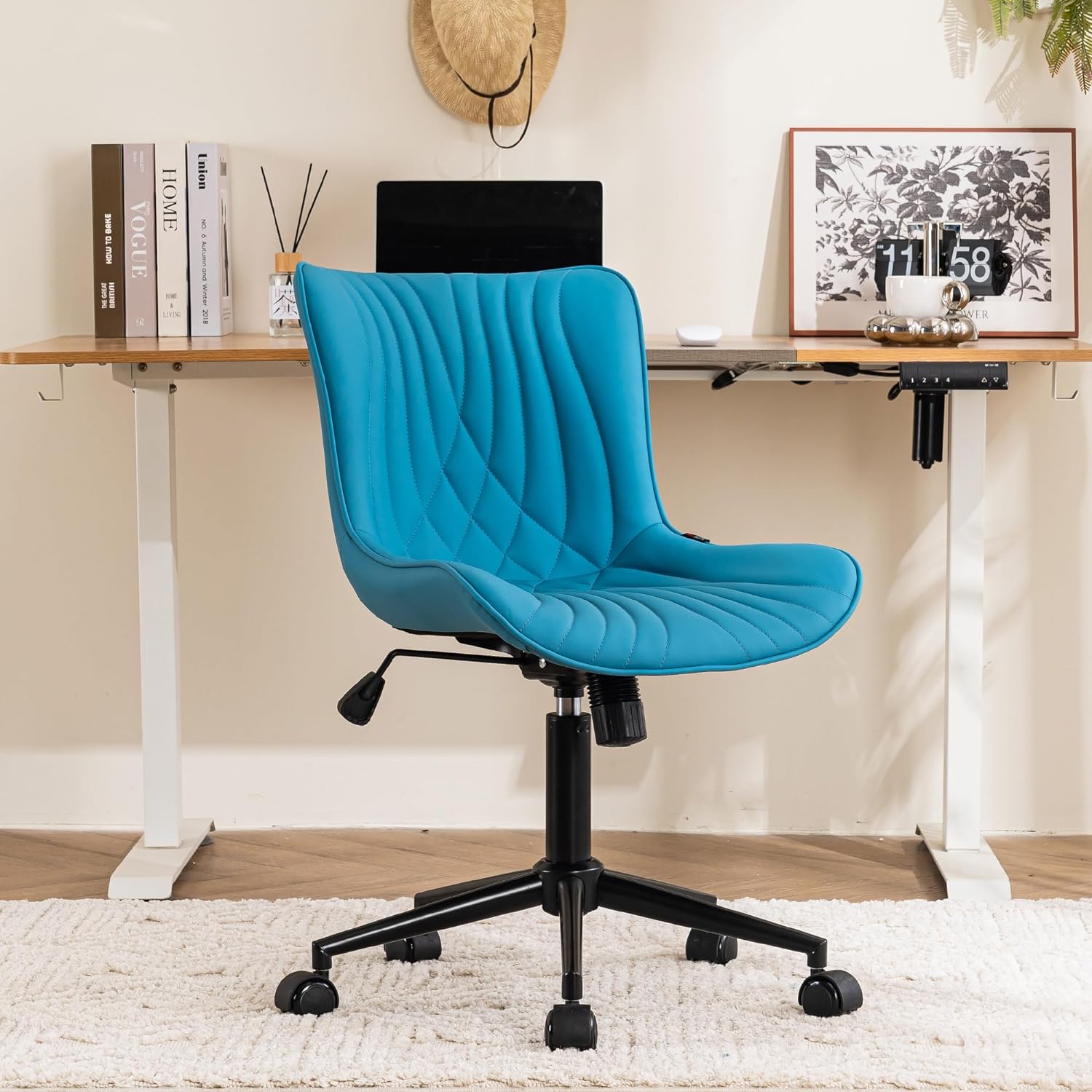 YOUTASTE Office Chair with Wheels Modern Armless Desk Chair, Adjustable Swivel Rolling Computer Task Chair, Faux Leather Sewing Chairs with Ergonomic Rocking Back Home Gaming Chair, Bright Blue