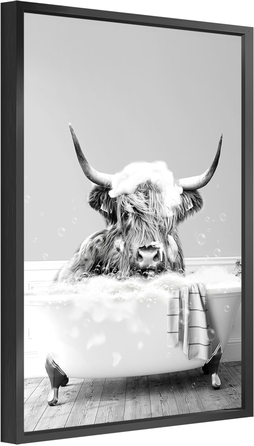 jenesaisquoi Highland Cow Bathroom Decor Wall Art, Frame Black and White Canvas Cow In Bathroom Picture, Humor Animals Bathroom Artwork Prints Ready To Hang for Bathroom, Bedroom, Kids Bathroom Decor