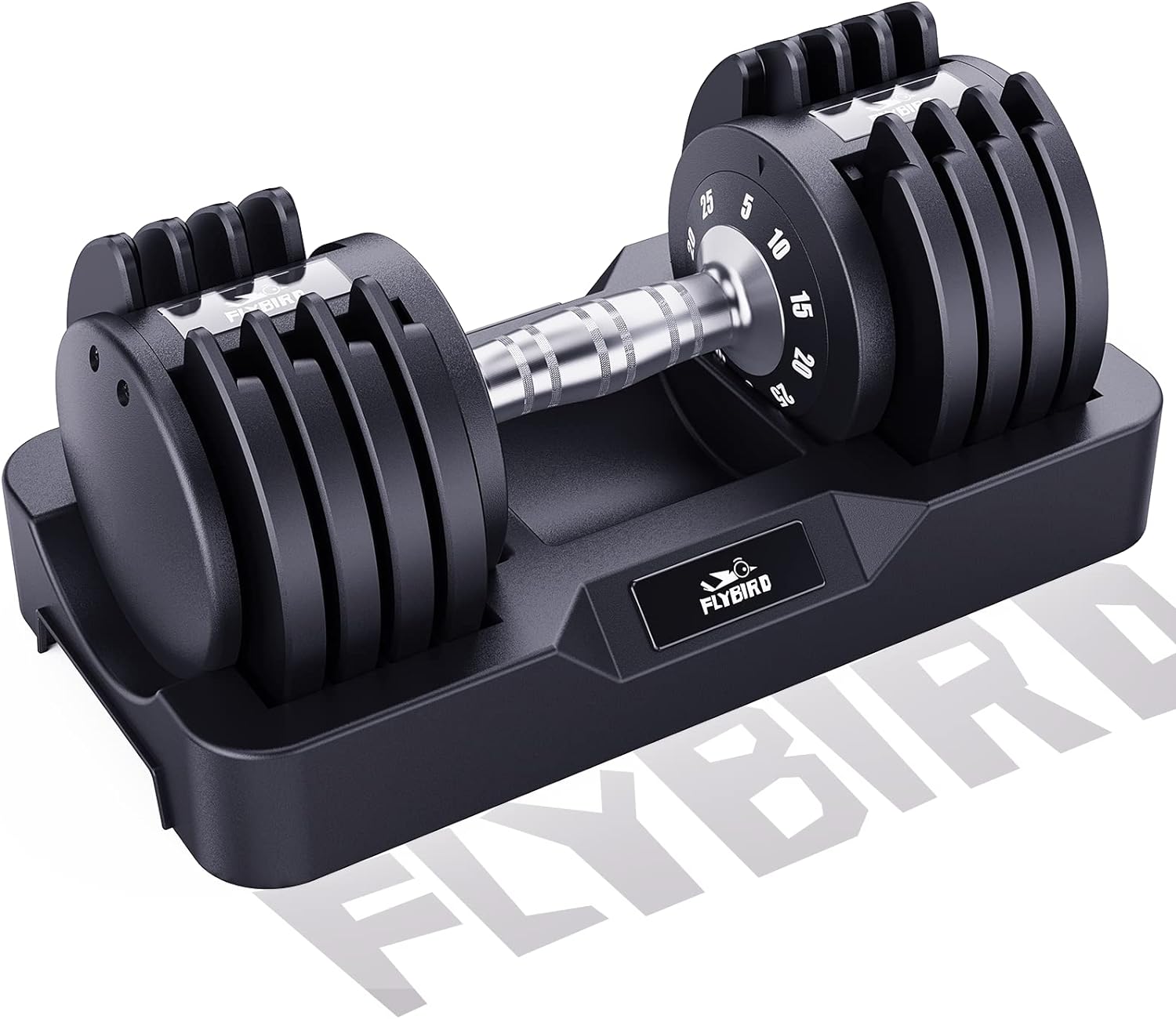 FLYBIRD Adjustable 25LB Single Dumbbell for Men and Women with Anti-Slip Metal Fast Adjust Weight by Turning Handle,Black Dumbbell with Tray Suitable for Full Body Workout Fitness