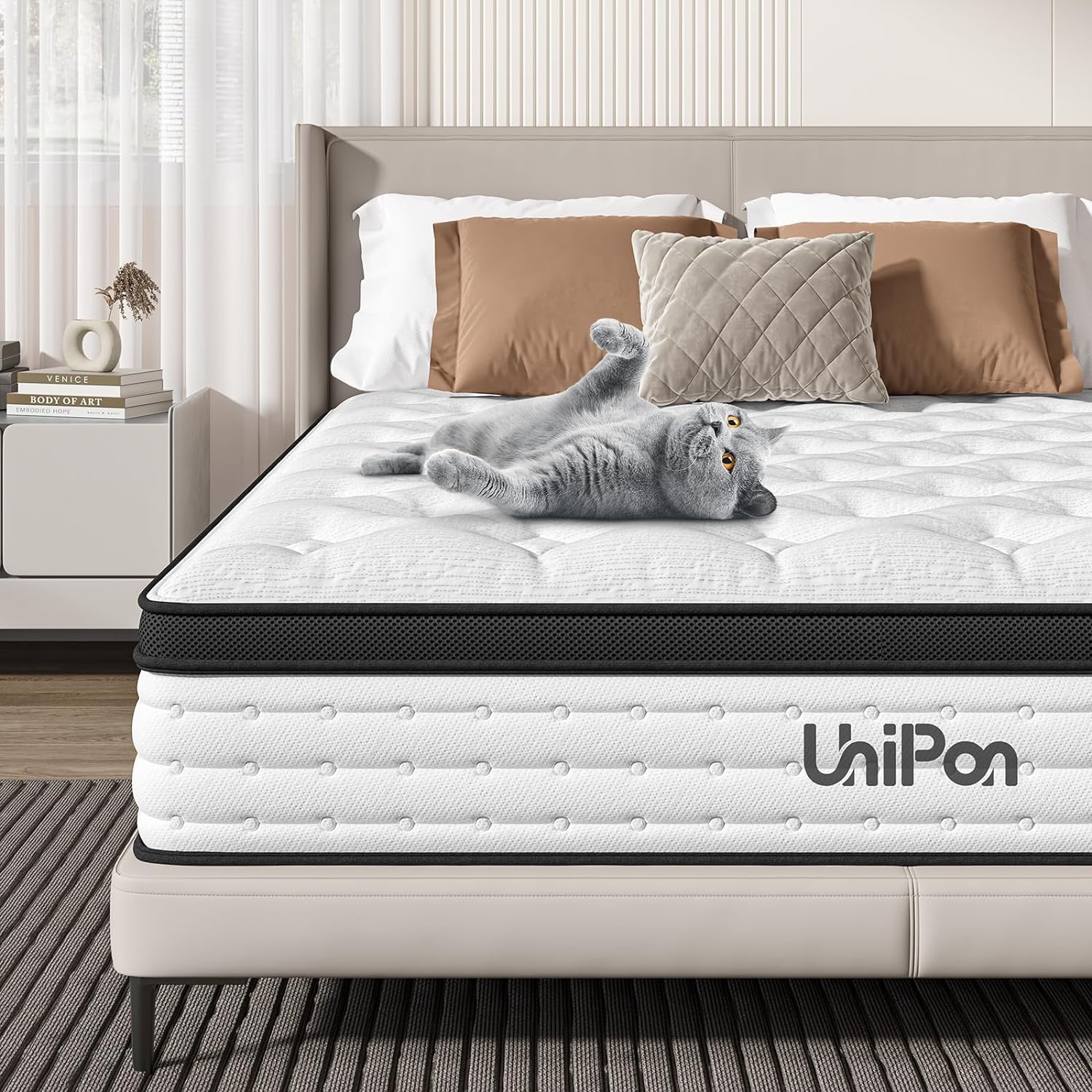 UniPon 10 Inch Hybrid Mattress Queen, Spring Mattress with Gel Memory Foam, Medium Firm Mattress, Made in USA, Supportive Individually Pocket Spring Mattress, Bed in a Box, Pressure Relief