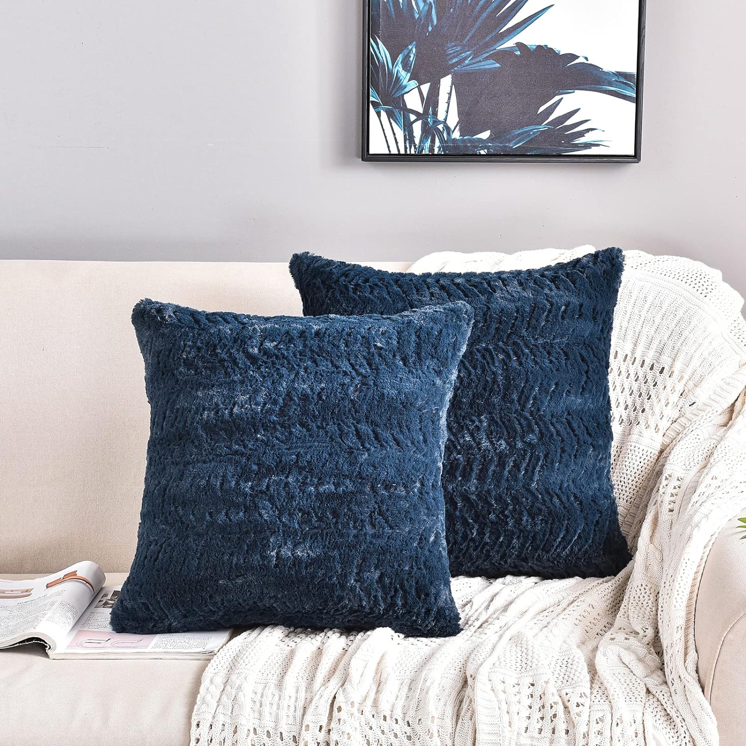 YUSOKI Luxury Faux Fur Throw Pillow Covers-18 x18,Set of 2-Decorative Fuzzy Fluffy Cozy Pillow Cases for Sofa Couch Bedroom Without Insert(Navy Blue,18x18)