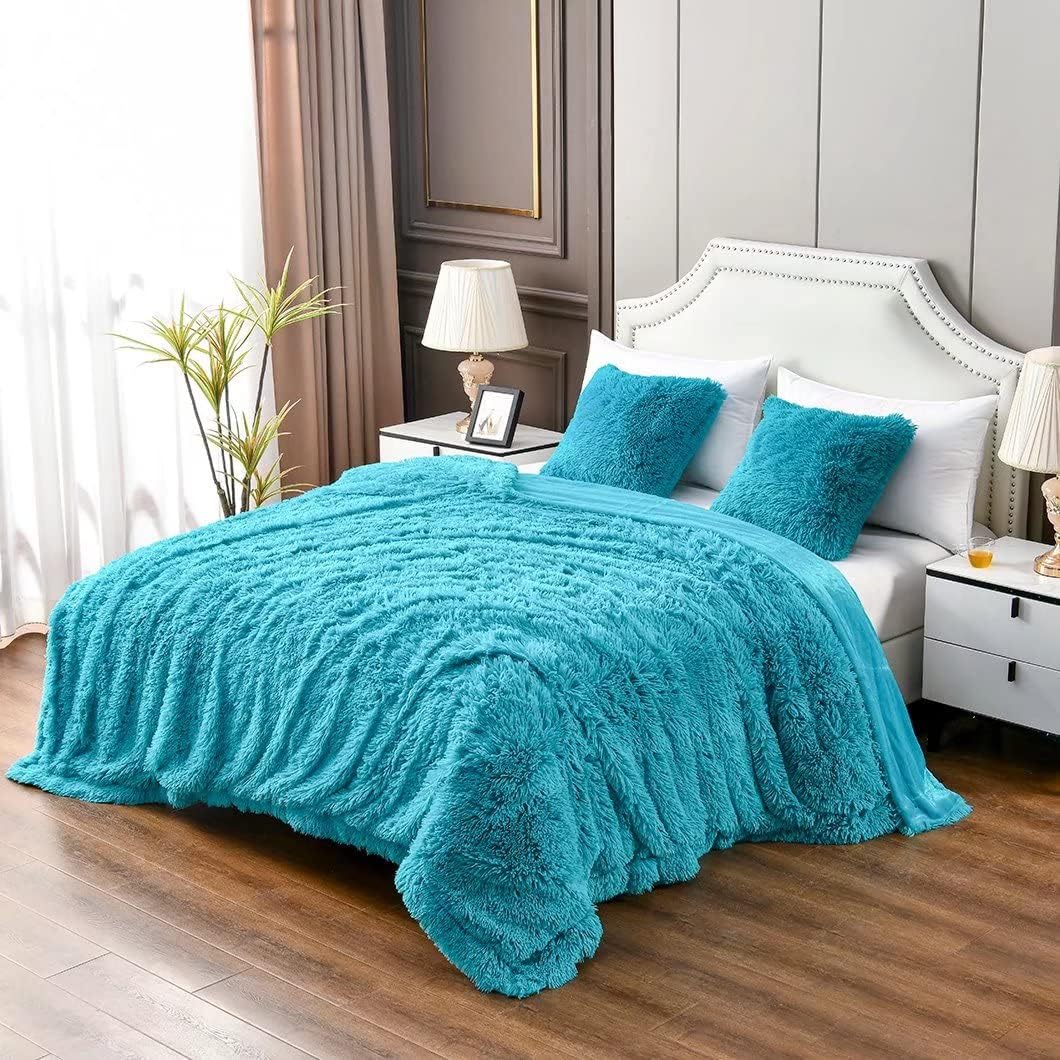 YUSOKI Teal King Faux Fur Blanket,2 Layers,90x104,Without Pillows Big Soft Plush Fuzzy Large Warm Fluffy Blanket for Bed