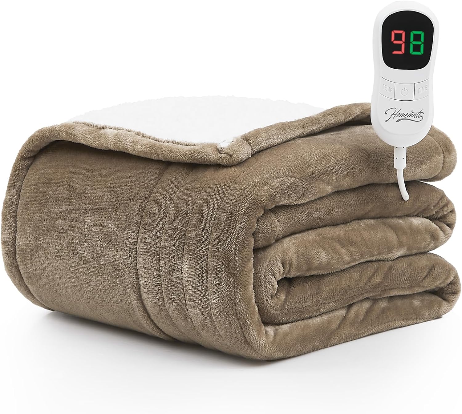 HomeMate Homemate Heated Blanket Electric Throw - 50/'x60/' Heating 1/2/4/6/8 Hours Auto-off 10 Heat Level Over-heat Protection Flannel Sherpa Heater ETL Certification, Beige