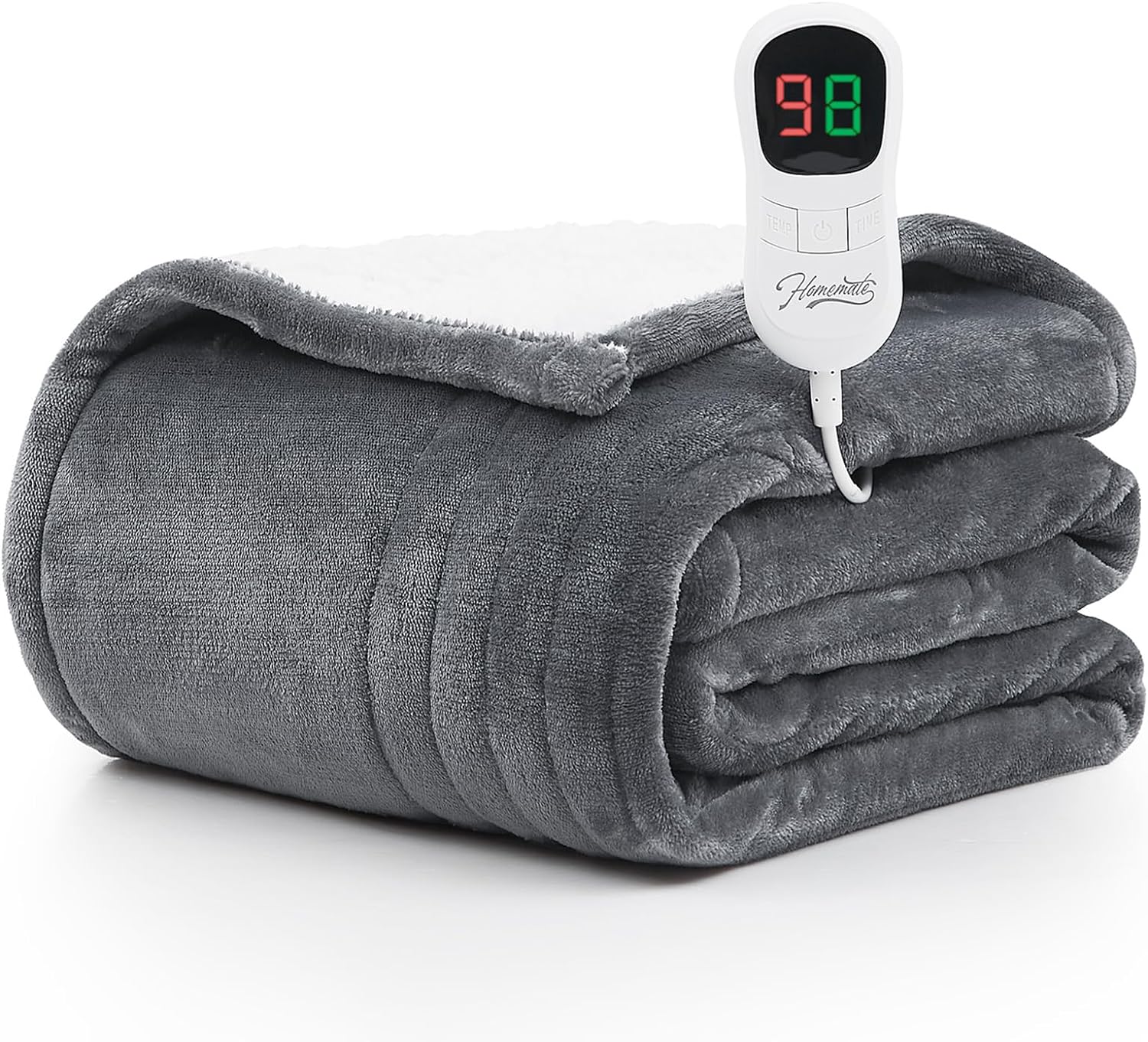 Homemate Heated Blanket Electric Throw - 50x60 Heating Blanket Throw 1/2/4/6/8 Hours Auto-off 10 Heat Level Over-heat Protection Flannel Sherpa Heater Blanket ETL Certification