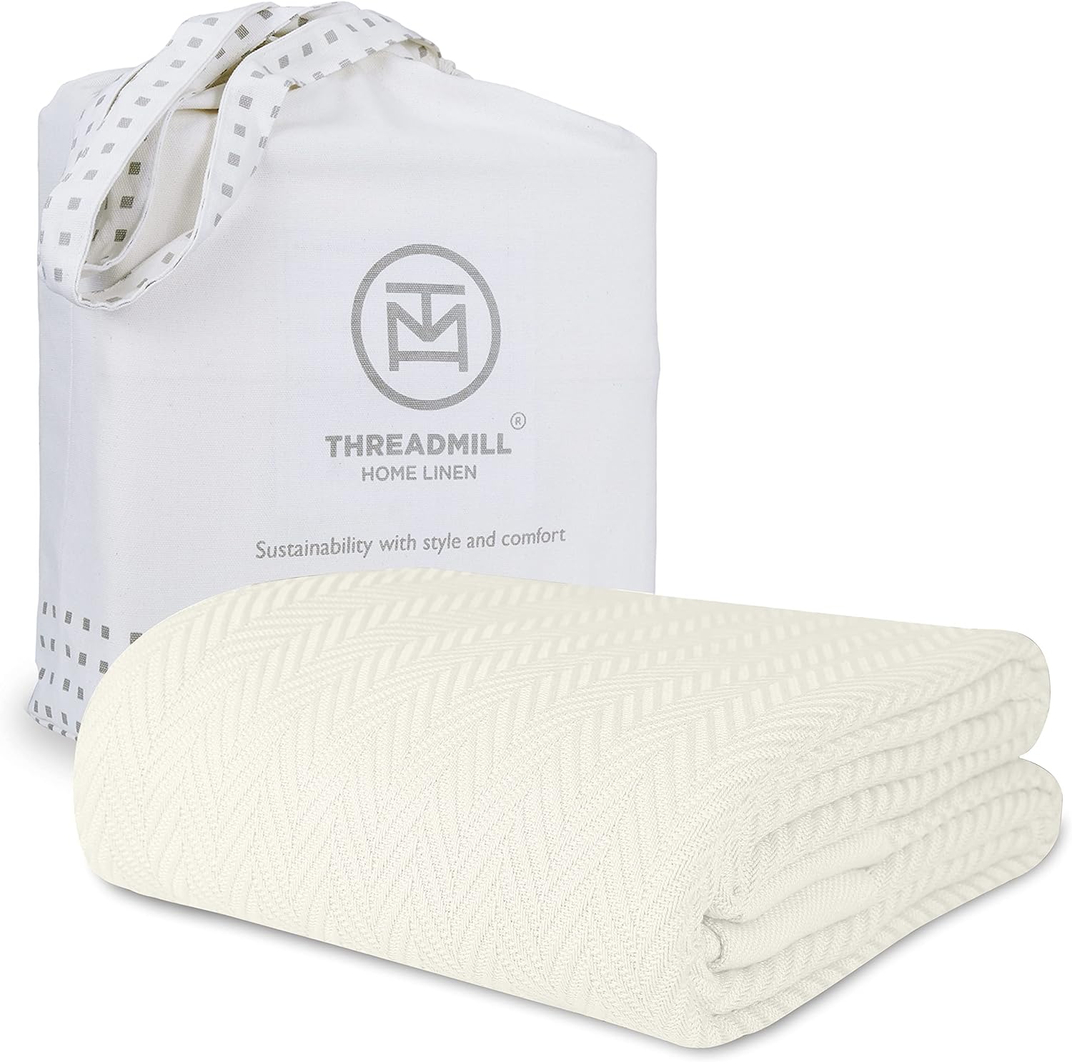 Threadmill Luxury Cotton Blankets for Queen Size Bed | All-Season 100% Cotton Queen Size Blanket | Herringbone Cozy Lightweight, Soft Breathable Fall Thermal Blanket fits Full Size Bed | Tusk White