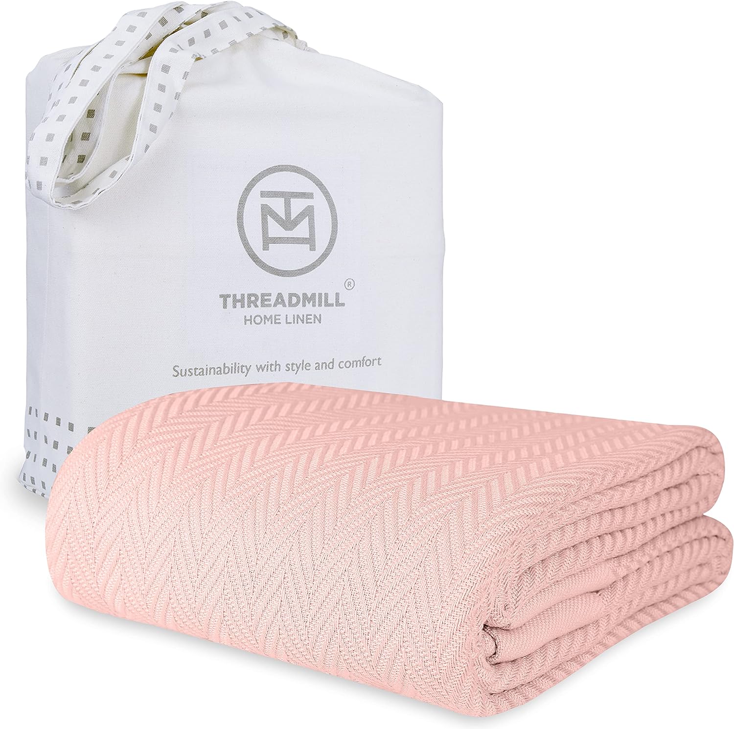 Threadmill Luxury Cotton Blankets for Queen Size Bed | All-Season 100% Cotton Queen Size Blanket | Herringbone Cozy Lightweight, Soft Breathable Fall Thermal Blanket fits Full Size Bed | English Rose