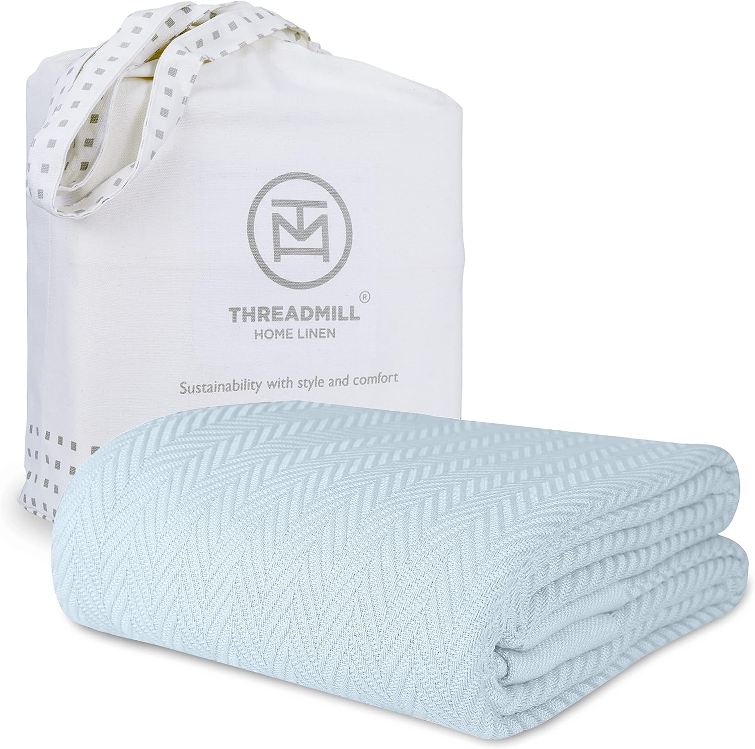 Threadmill Luxury Cotton Blankets for Queen Size Bed | All-Season 100% Cotton Queen Size Blanket | Herringbone Cozy Lightweight, Soft Breathable Fall Thermal Blanket fits Full Size Bed | Light Blue