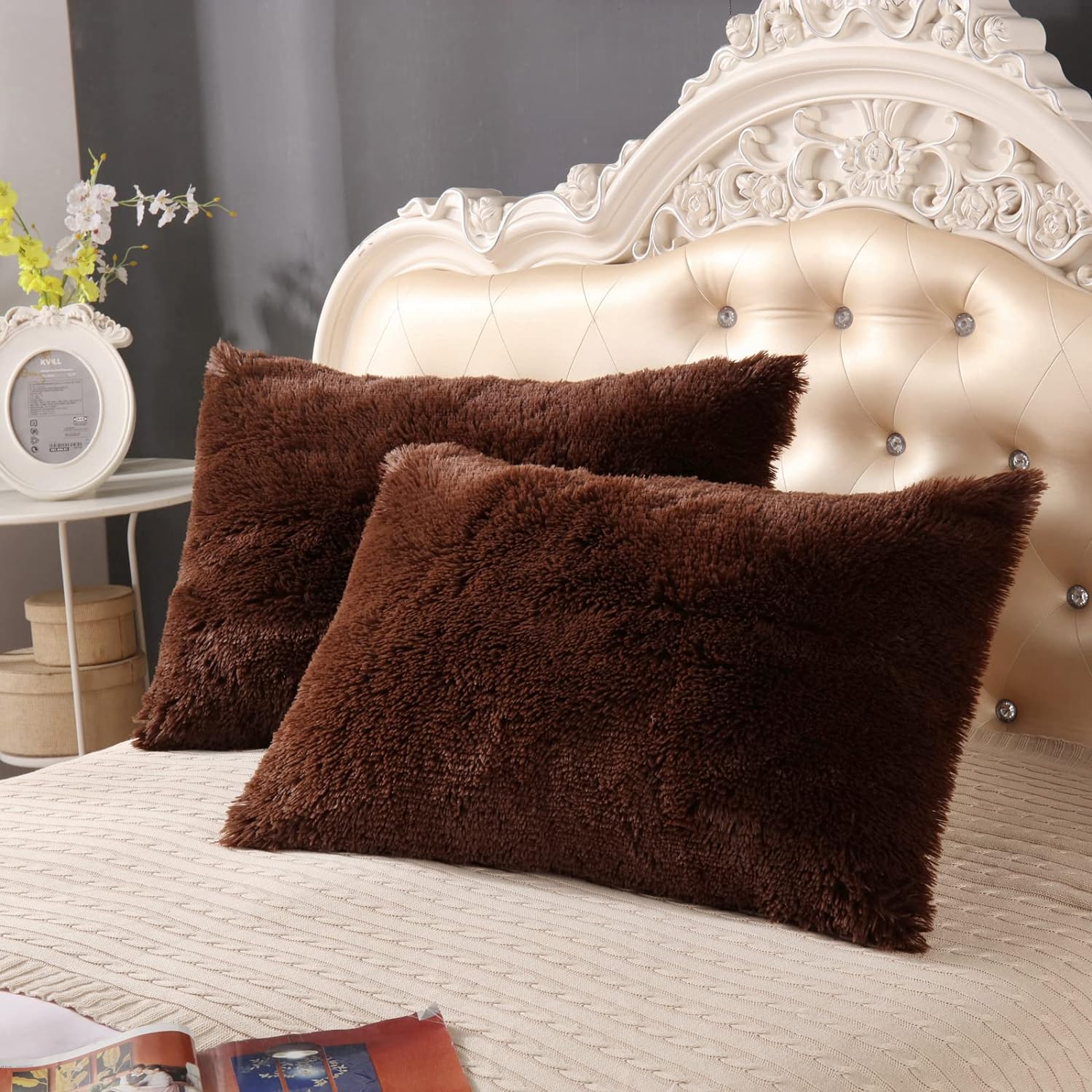 YUSOKI Brown Faux Fur Throw Pillow Covers-20 x36,Set of 2-Fluffy Fuzzy Shaggy Cute Cushion Cases Pack of 2 Soft Fleece Pillow Shams Zipper Closure for Sofa Bed Decor Couch Bedroom Without Insert