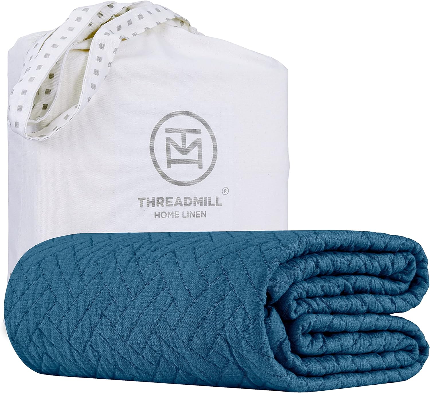 Threadmill Luxury Cotton Blankets for Queen Size Bed | All-Season 100% Cotton Queen Size Blanket | Criss Cross Cozy Lightweight, Soft Breathable Coverlet fits Full Size Bed, 90x92 | Folkstone Blue