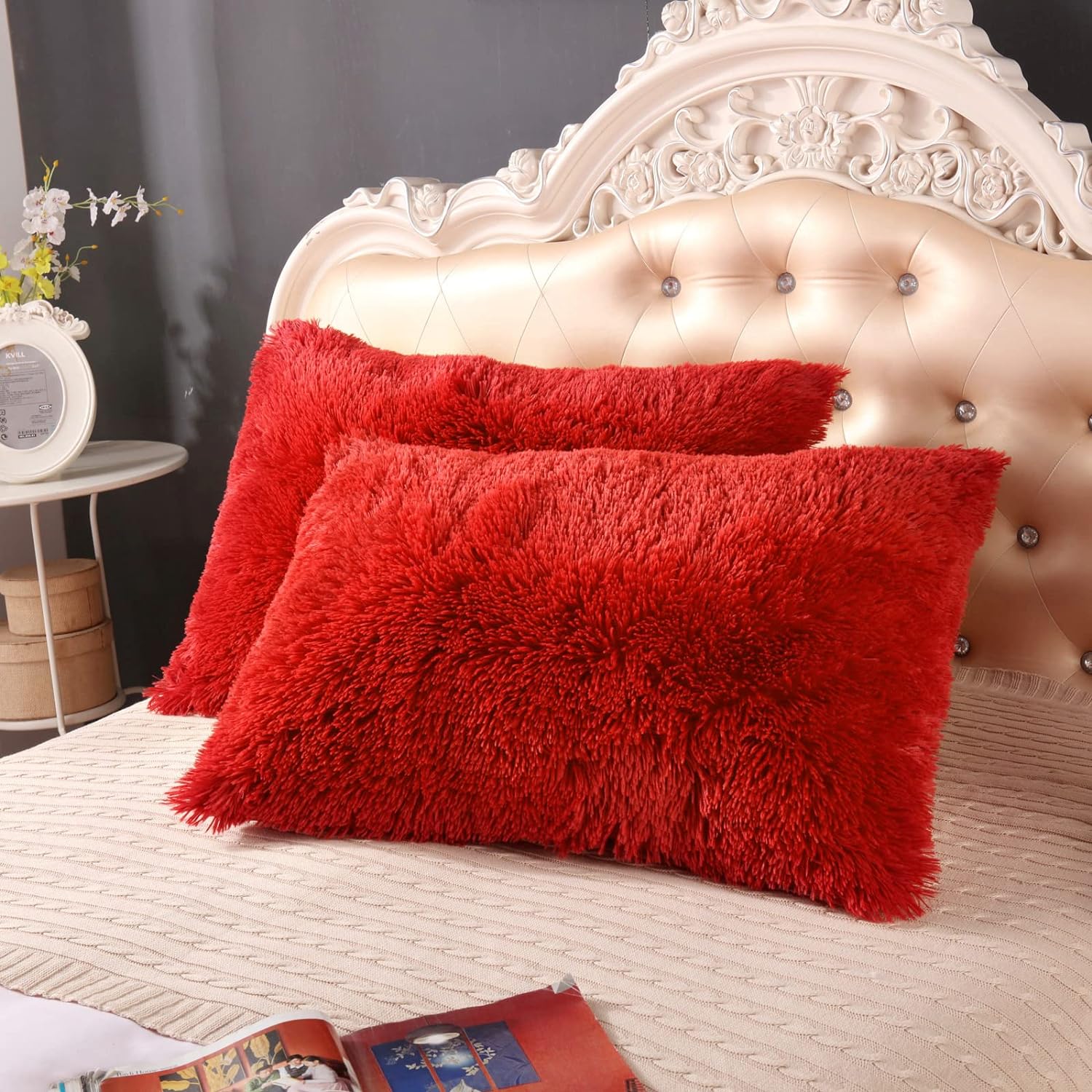 YUSOKI Red Faux Fur Throw Pillow Covers-20 x26,Set of 2-Fluffy Fuzzy Shaggy Cute Cushion Cases Pack of 2 Soft Fleece Pillow Shams Zipper Closure for Sofa Bed Decor Couch Bedroom Without Insert