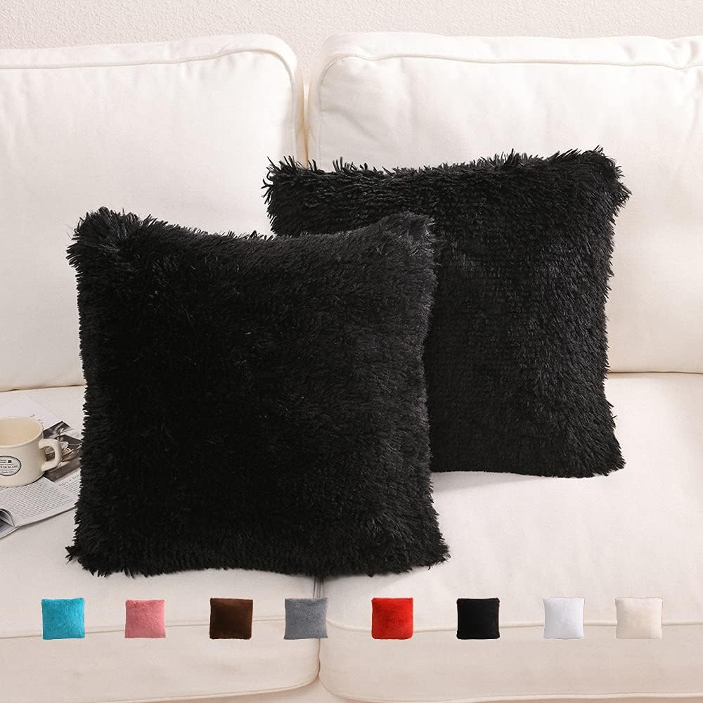 YUSOKI Black Faux Fur Throw Pillow Covers-20 x20,Set of 2-Fluffy Fuzzy Shaggy Cute Cushion Cases Pack of 2 Soft Fleece Pillow Shams Zipper Closure for Sofa Bed Decor Couch Bedroom Without Insert