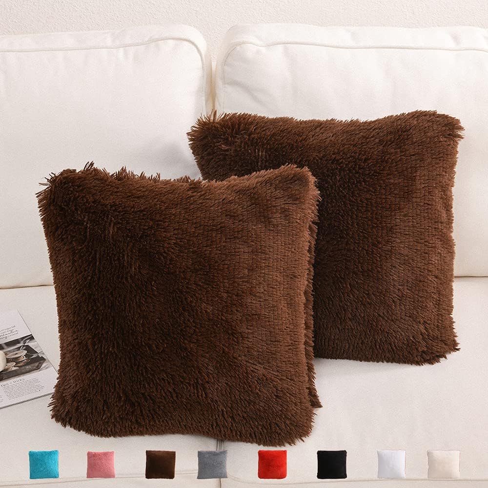 YUSOKI Brown Faux Fur Throw Pillow Covers-20 x20,Set of 2-Fluffy Fuzzy Shaggy Cute Cushion Cases Pack of 2 Soft Fleece Pillow Shams Zipper Closure for Sofa Bed Decor Couch Bedroom Without Insert