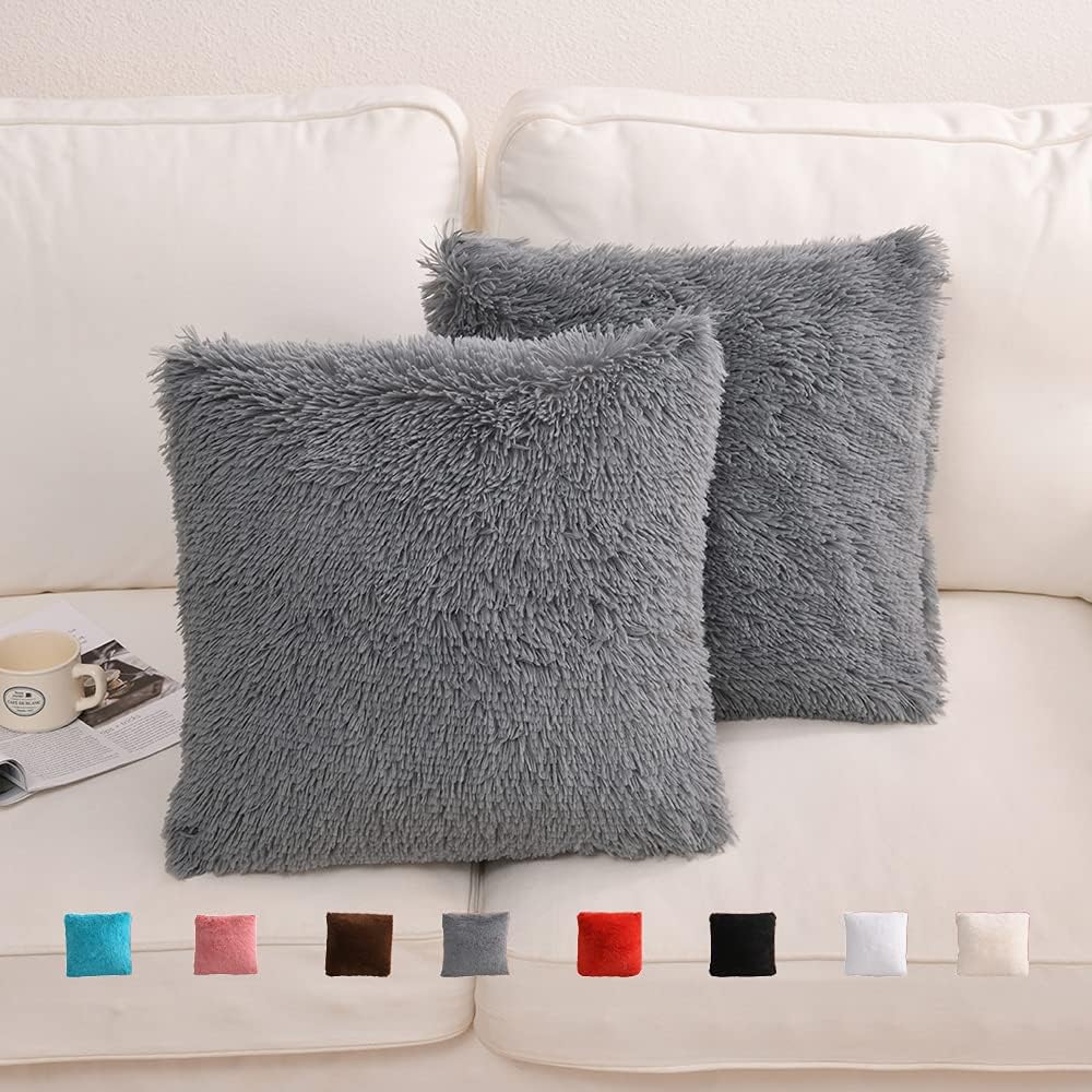 YUSOKI Grey Faux Fur Throw Pillow Covers-20 x20,Set of 2-Gray Fluffy Fuzzy Shaggy Cute Cushion Cases Pack of 2 Soft Fleece Pillow Shams Zipper Closure for Sofa Bed Decor Couch Bedroom Without Insert