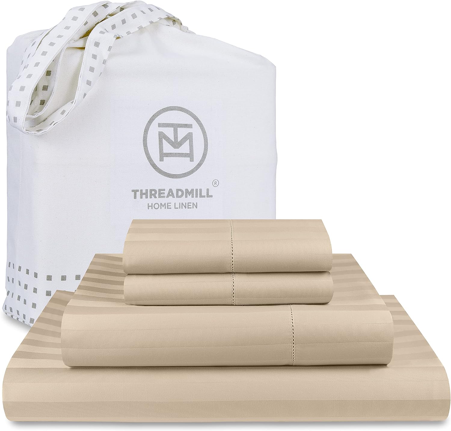 Threadmill 500 Thread Count Queen Size Damask Stripe, 4 Pc Luxury Cotton Bedding Set, Silky Smooth Light Beige Sheets with 16 Elasticized Deep Pocket, 2 Pillowcases & Free Tote Bag