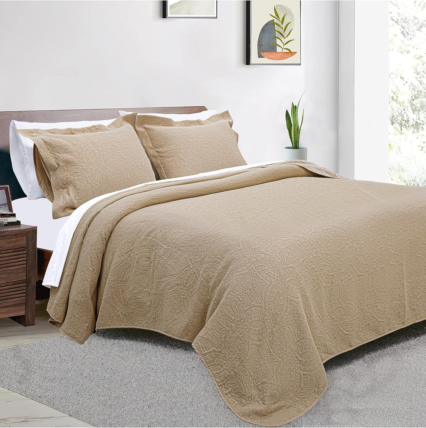 Threadmill Quilts King Size Sets | 3-Piece King Quilt Set with 2 Pillow Shams - Reversible Soft Breathable and Lightweight Beige Quilt King Bedspread Coverlet Bedding Set