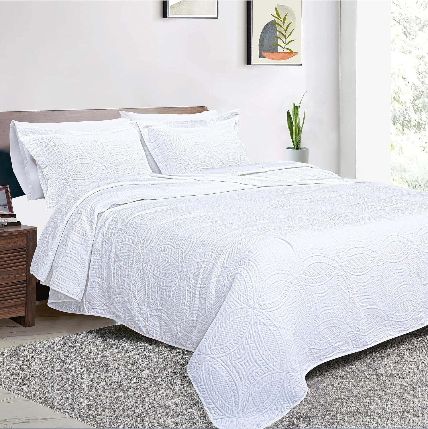 Threadmill Quilts King Size Sets | 3-Piece King Quilt Set with 2 Pillow Shams - Reversible Soft Breathable and Lightweight Quilt King Bedspread Coverlet Bedding Set - White