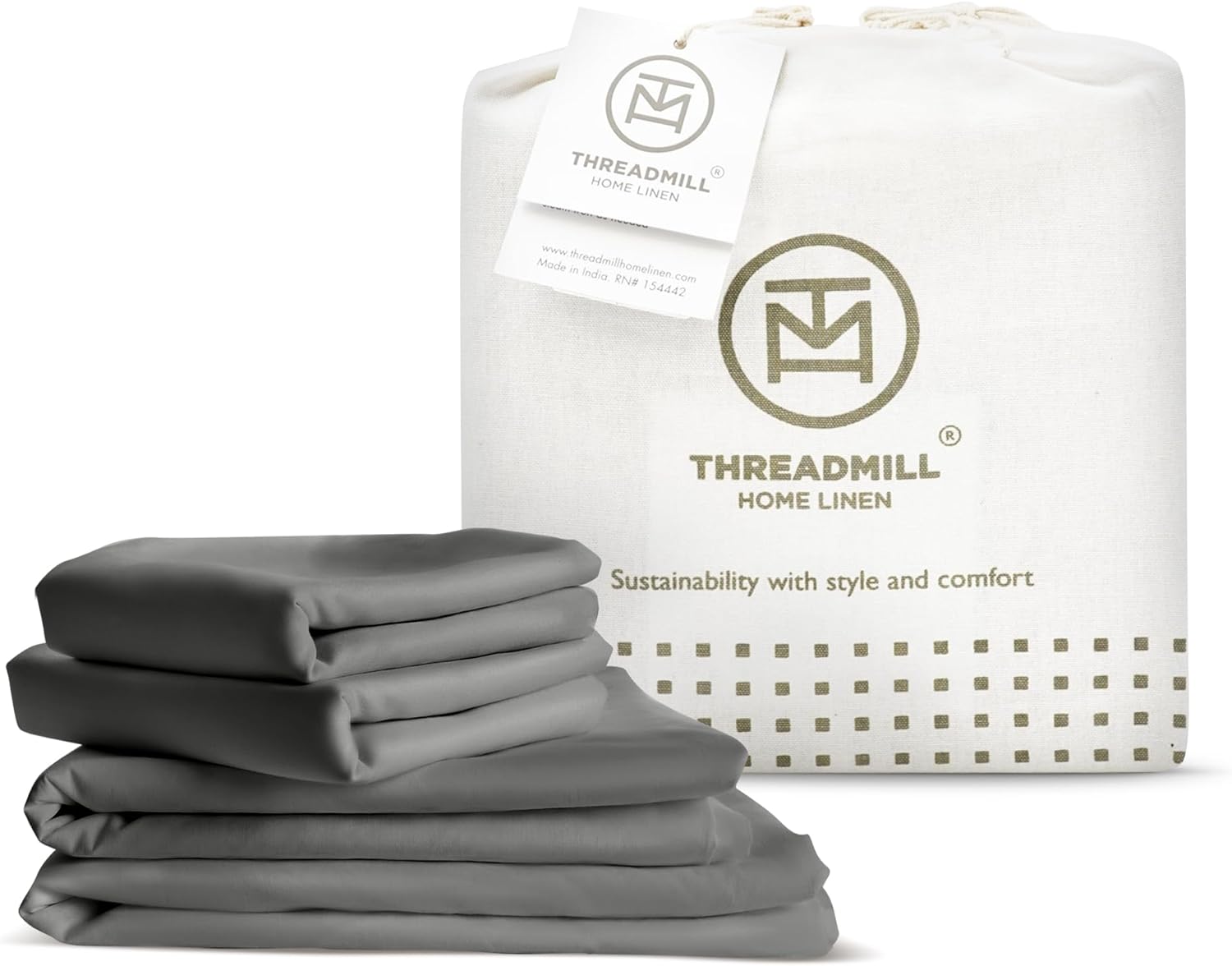 Threadmill 100% Organic Cotton Queen Sheets - GOTS Certified 4 Piece Dark Grey Percale Sheets Set - Soft & Cooling Bedsheet Set with Reusable Bag, Snug Fit with 16 Deep Pocket - Light