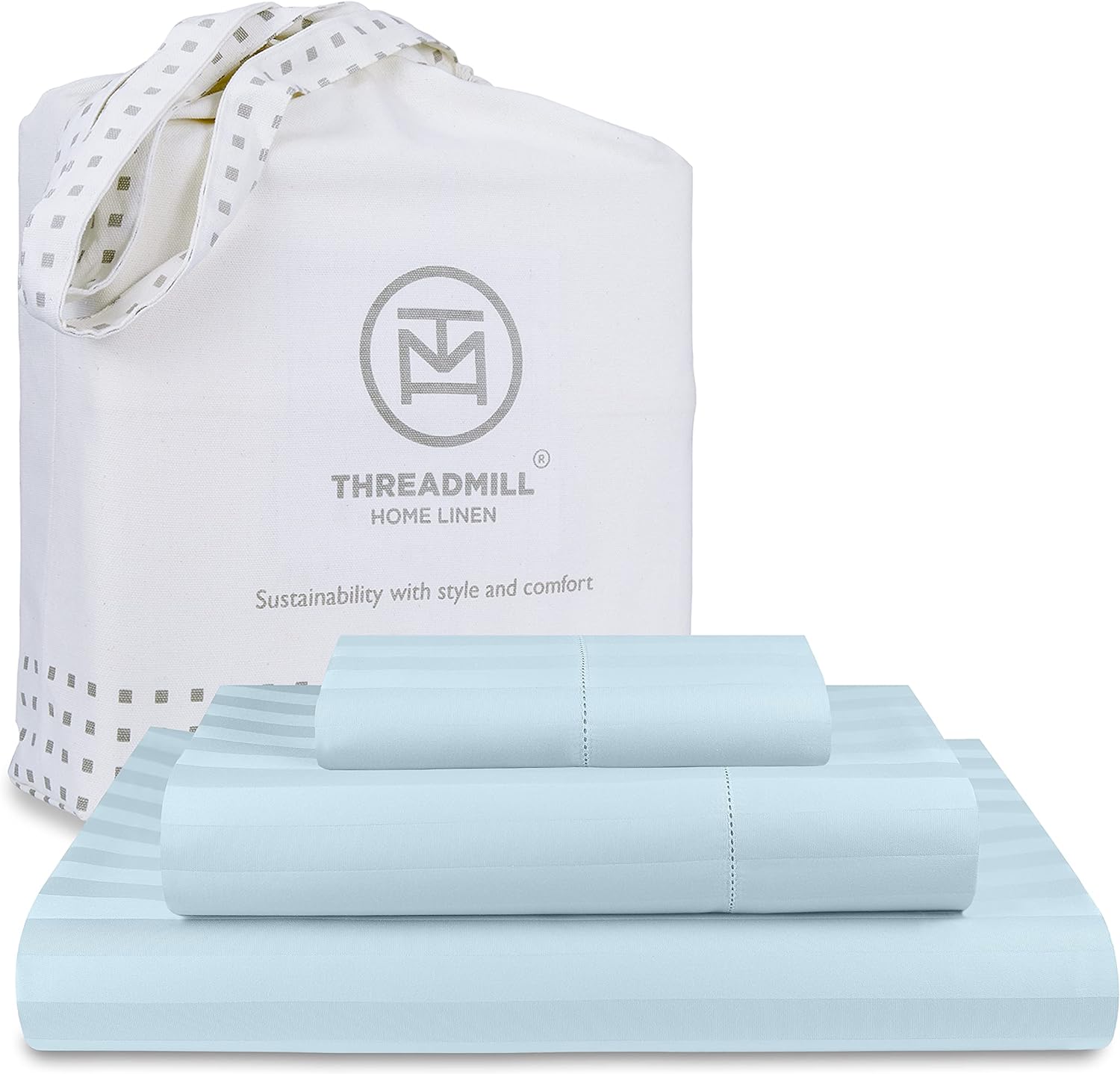 Threadmill 500 Thread Count Twin Size Damask Stripe, 3 Pc Luxury Cotton Bedding Set, Breathable Light Blue Sheets with 15 Elasticized Deep Pocket, 1 Pillowcase & Free Tote Bag