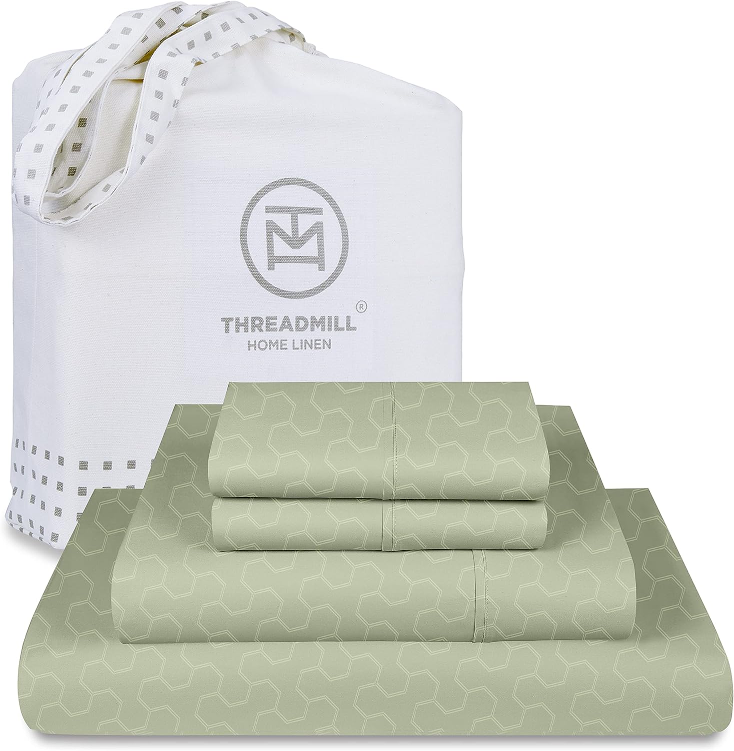 Threadmill 500 Thread Count Queen Size 4 Pc Luxury Cotton Bedding Set, Jacquard Floria Sage Green, Silky Smooth Sheets with 16 Elasticized Deep Pocket, 2 Pillowcases & Free Tote Bag