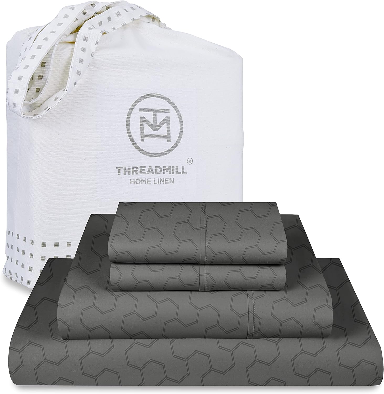 Threadmill 500 Thread Count Full Size 4 Pc Luxury Cotton Sheet Set, Jacquard Floria Dark Grey, Silky Smooth Sheets with 16 Elasticized Deep Pocket, 2 Pillowcases & Free Tote Bag