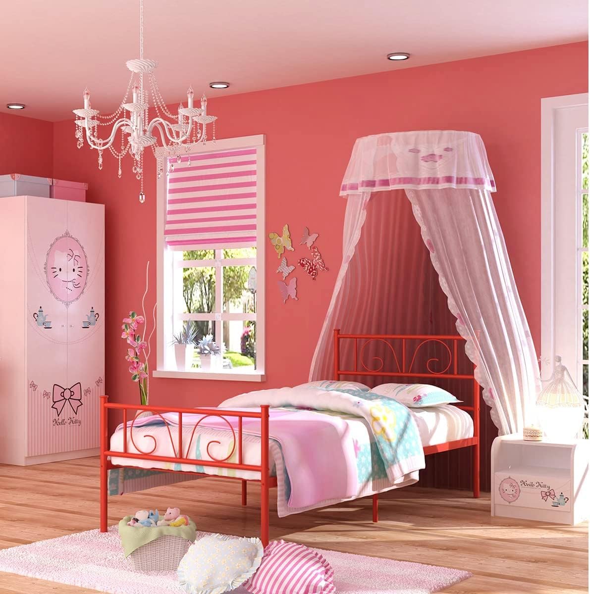 GIME Red Twin Beds Frames with Storage, Single Bed Frames No Box Spring Needed Metal Twin Size Beds with Headboard for Girls/Kids, Twin Platform Foundation