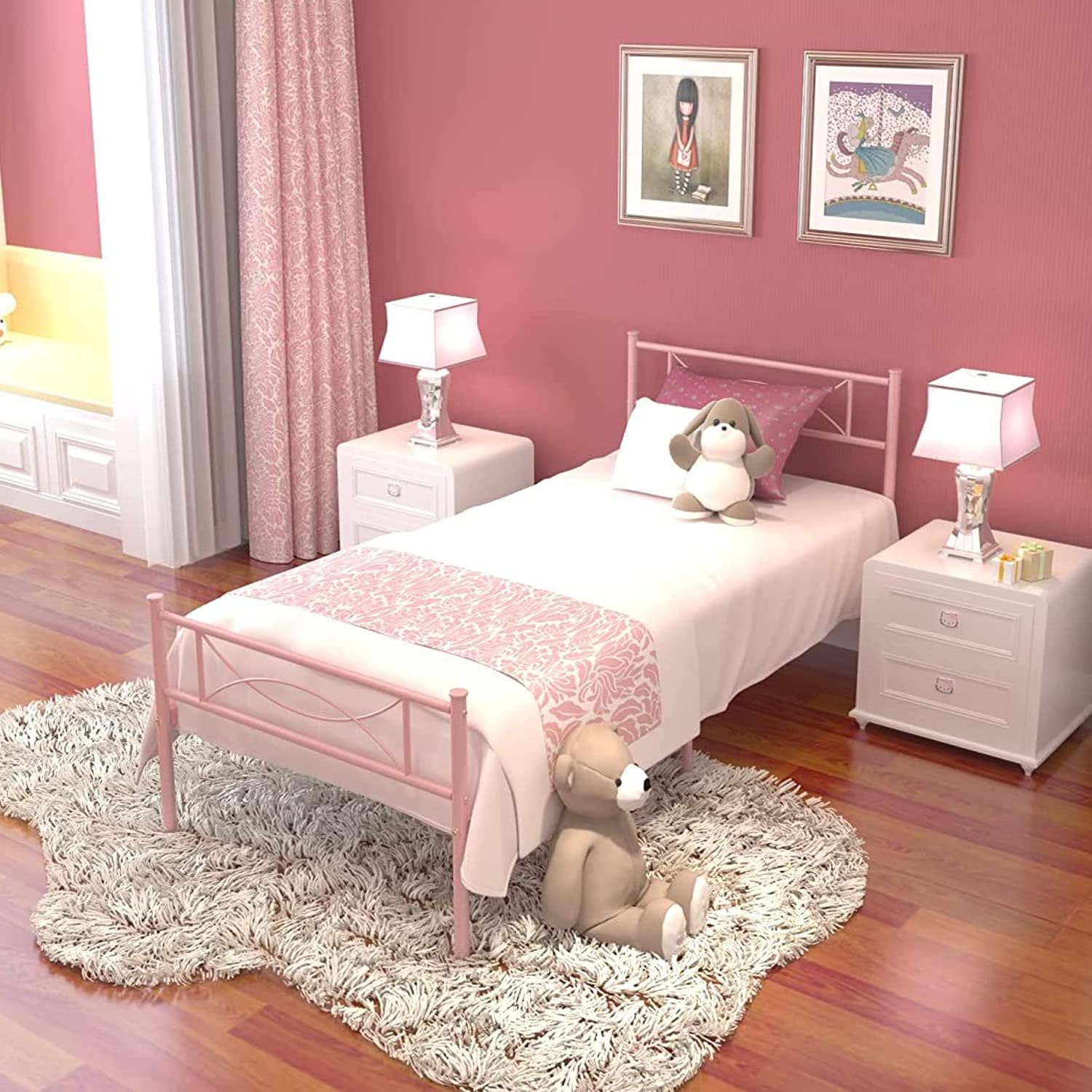 Pink Twin Bed Frame for Girls,Mattress Foundation Support with Headboard and Footboard No Box Spring Need Metal Platform Bed