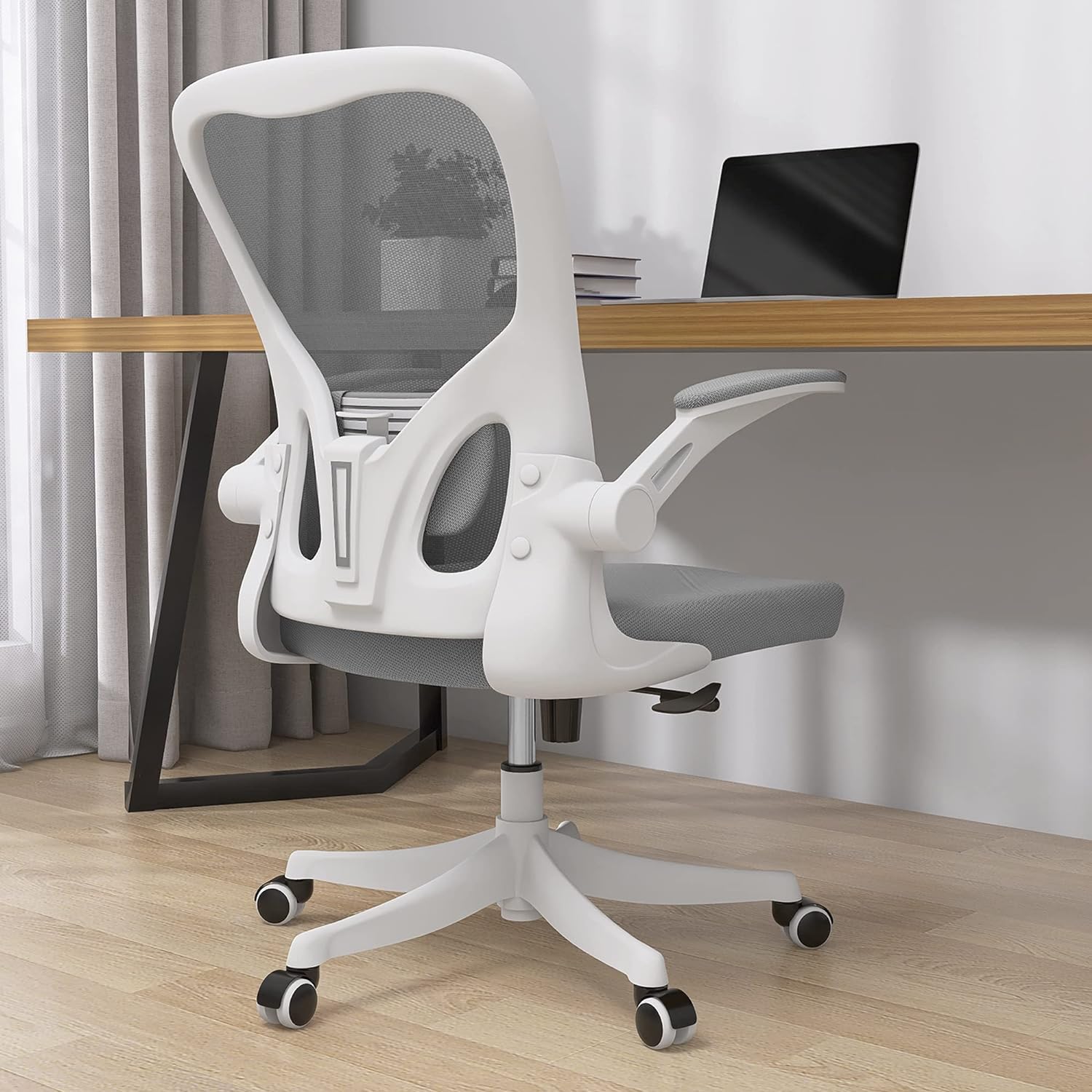 Monhey Office Chair - Ergonomic Office Chair with Lumbar Support & Flip Up Arms Home Office Desk Chairs Rockable Swivel High Back Computer Chair White Frame Grey Mesh Study Chair